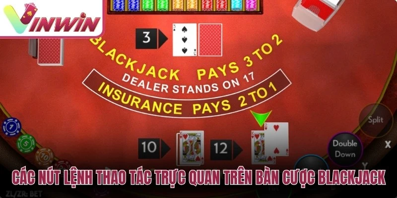 Các nút lệnh thao tác trực quan trên bàn cược Blackjack